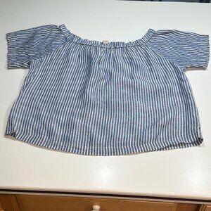 J. Crew Blue and White Striped Top Off Shoulder Short Sleeve 100% Linen Size L
